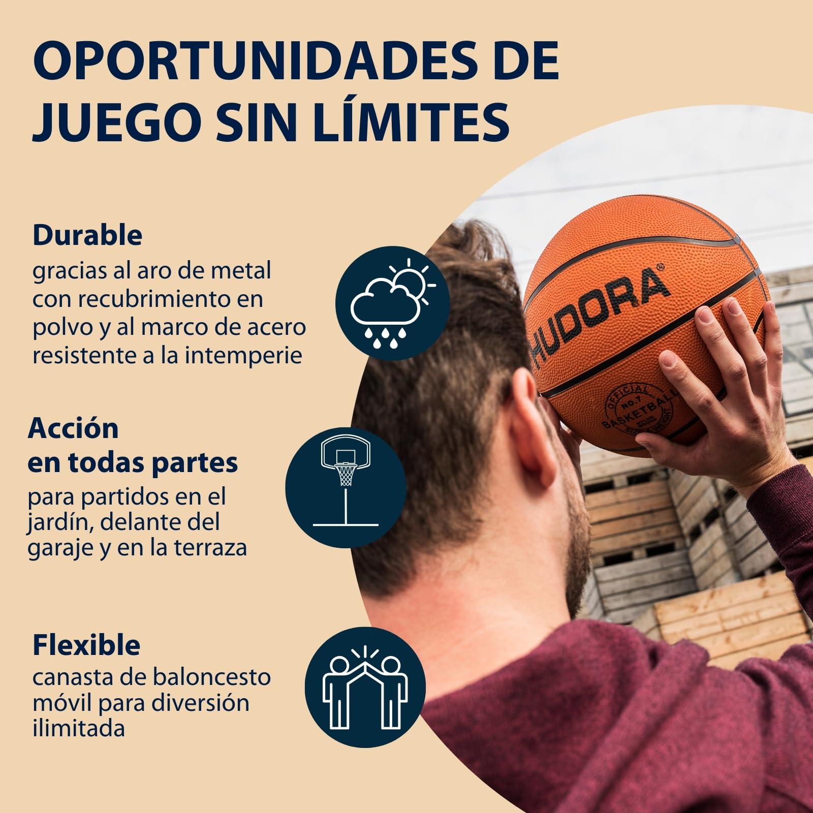 HUDORA Puesto de Baloncesto Chicago - Soporte de Baloncesto Ajustable en Altura 206-260 cm - Canasta de Baloncesto móvil para niños, Adolescentes y Adultos - Canasta con Soporte y Ruedas