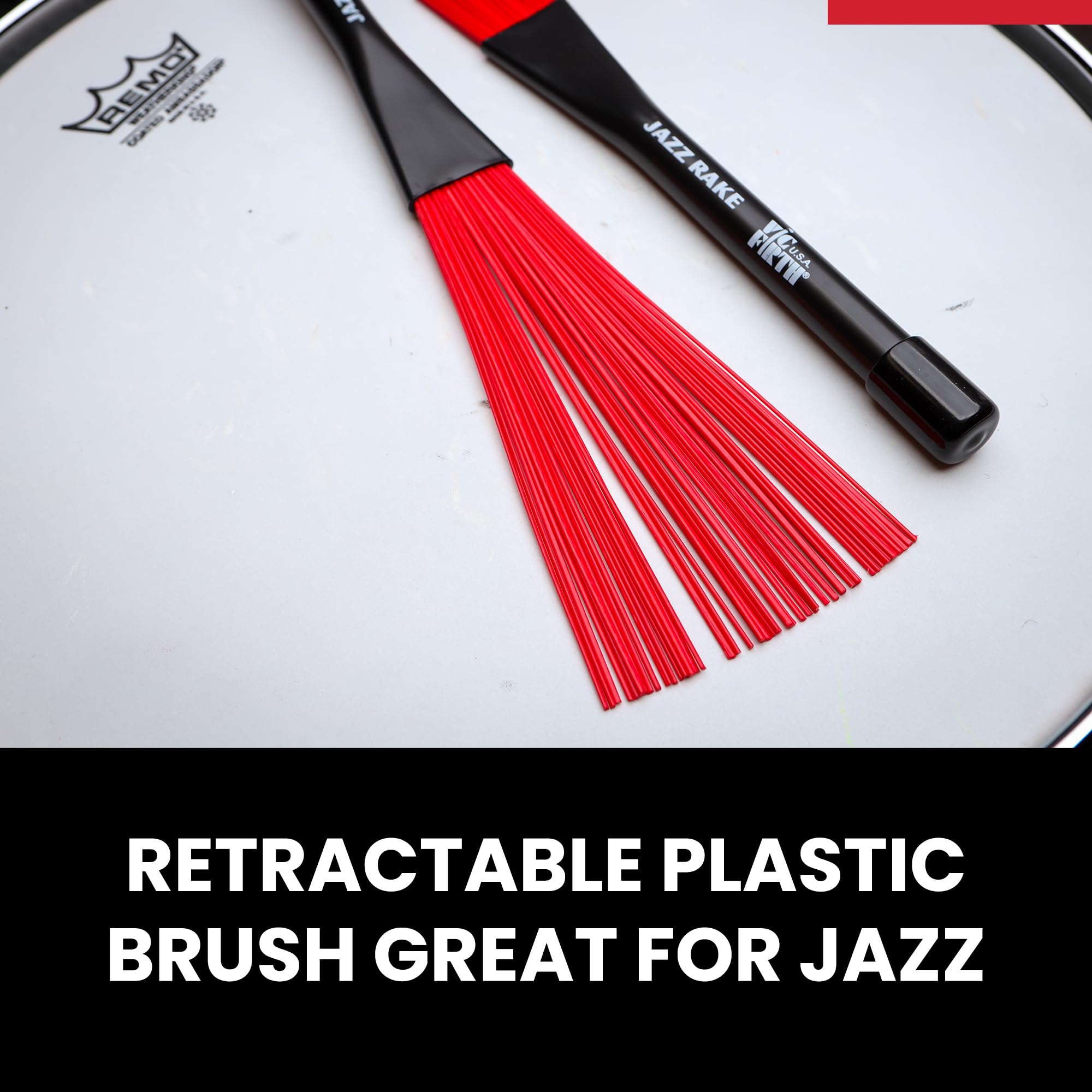 Vic FIrth - Jazz Rake Drum Szczotki - Chowane - Czerwona plastikowa szczotka - Czarny uchwyt