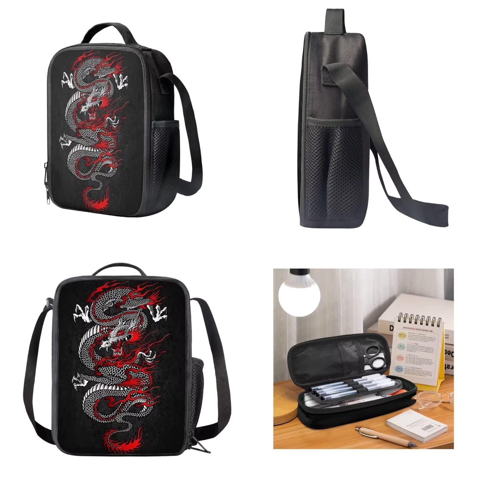 Dolyues Juego de bolsas escolares para niñas y niños, bolsa de libros de escuela primaria con bolsa de almuerzo y estuche para lápices, 3 piezas, dragón, Mochila infantil