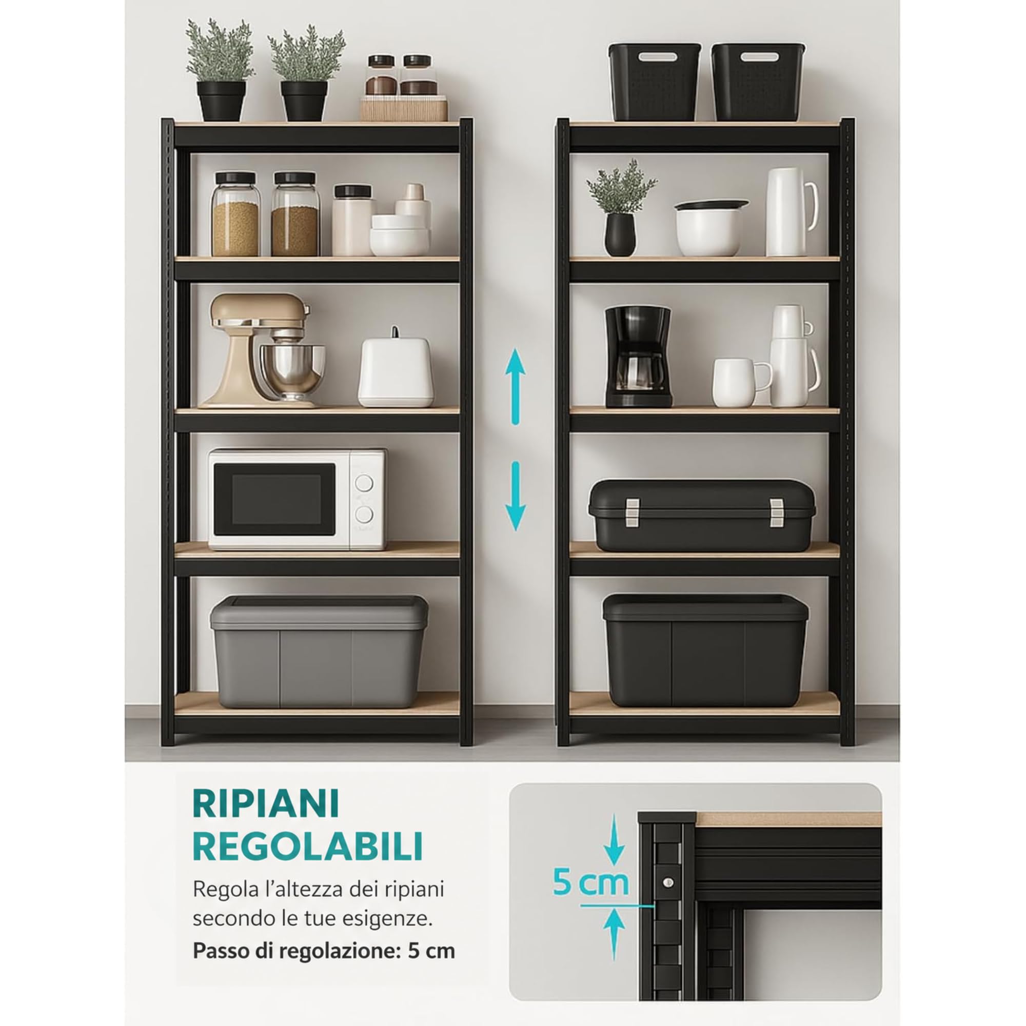 casa pura Set di 2 Scaffale per carichi Pesanti, 30x75x150 cm, con Struttura in Acciaio, Portata Fino a 650 kg, 5 Ripiani Regolabili, Colore: Nero