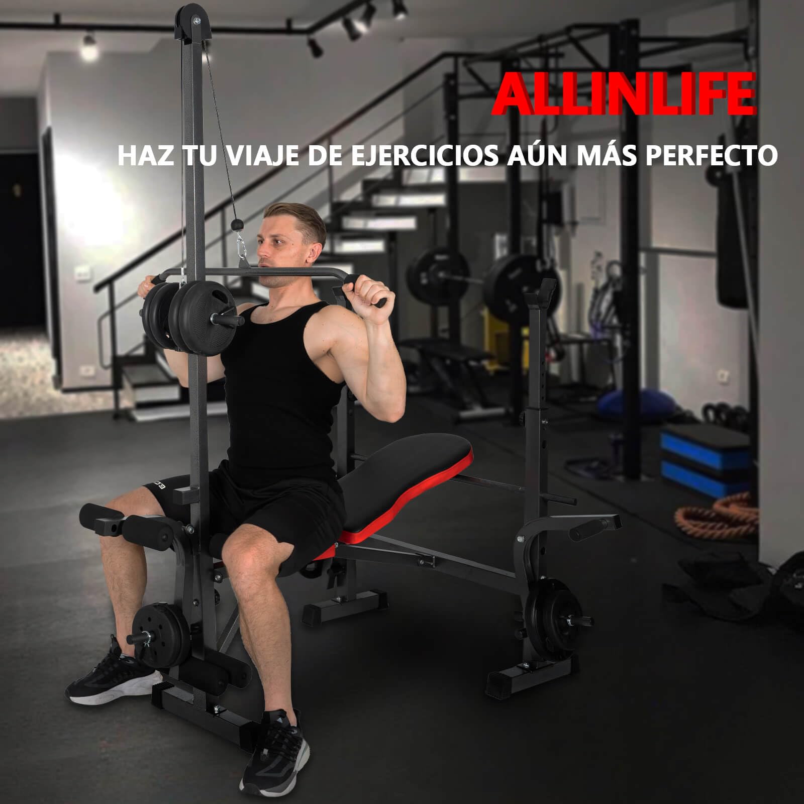 ALLINLIFE Banco Musculación,Banco de Pesas con Altura Ajustable,Banco Abdominales Plegable,Banco de Entrenamiento con Entrenador de Polea Alta Soporte para Barra y Curl de Brazos y Piernas