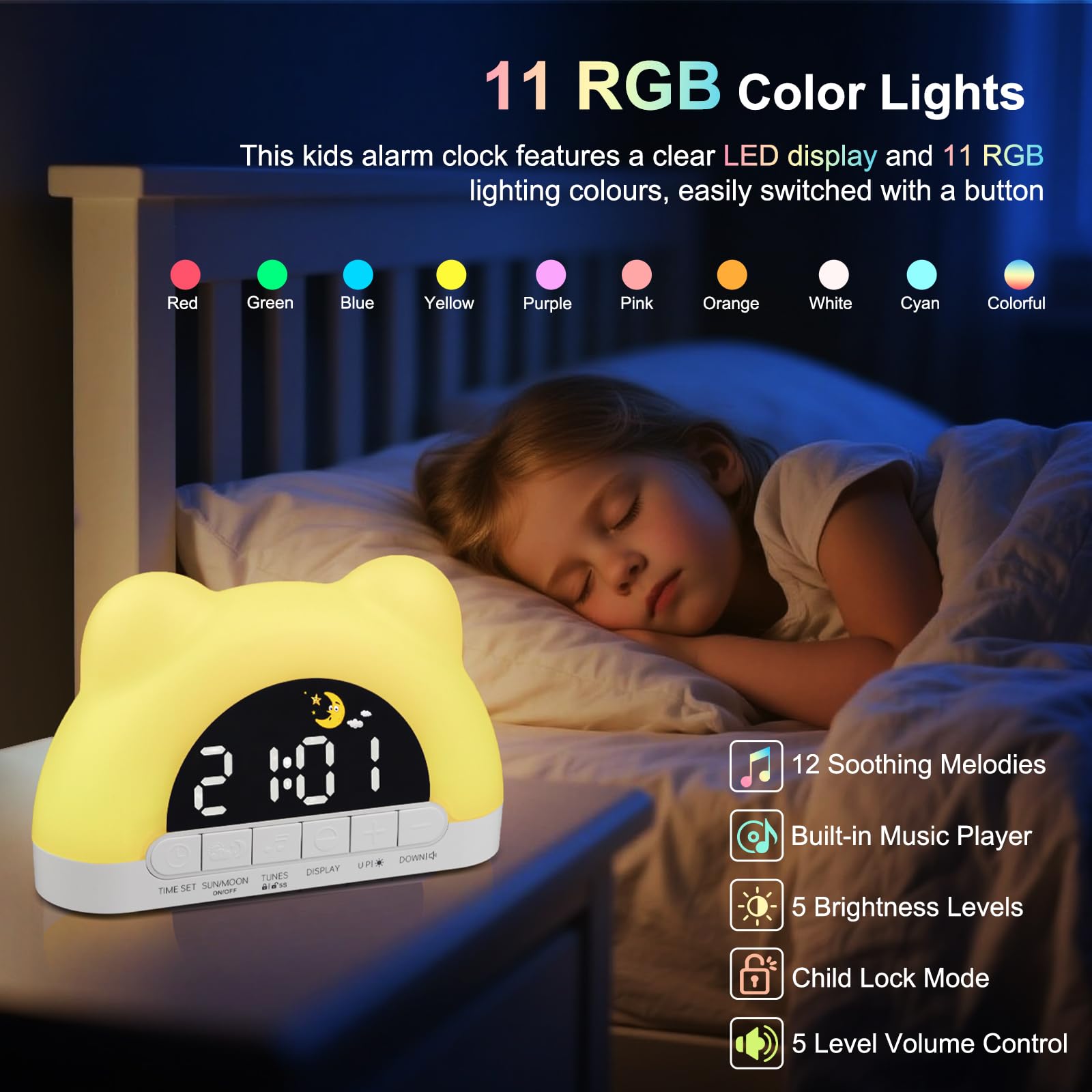 PENYUY Sunrise Alarm Clock, Kids Alarm Clock for Sleep Training with 11 RGB Color Lights & 3 Levels of Brightness Adjustable - Image 2