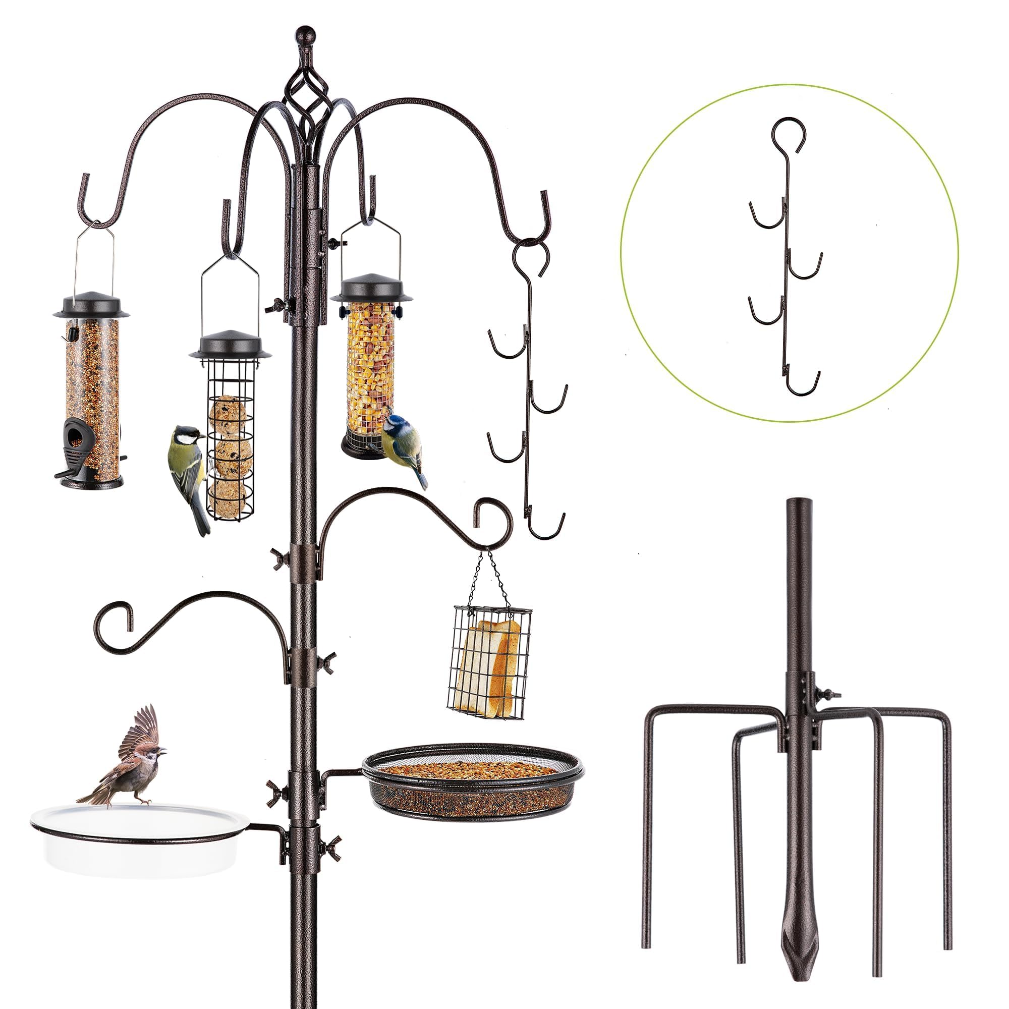 Mixxidea Bird Feeder Station Kit - 238 CM Bird Feeders Pole with 5-Prong Base, Multifunctional Birds Feeders Stand for Outdoors, with 7 Hooks, 5 Feeders, 1 Bath Tray, Easy to Use, 1 Set in Black