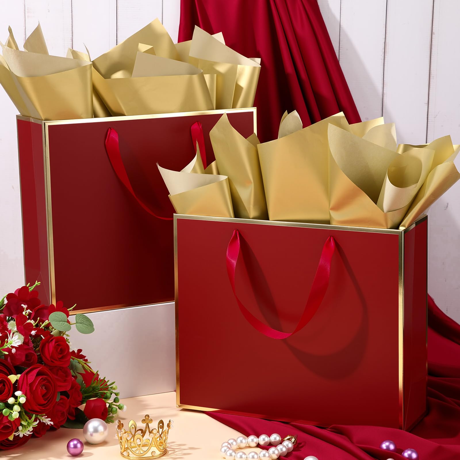 ReliThick 12 Pack Metallic Paper Gift Bag with Handles and Tissue Paper 11.8 x 10 x 4'' Thank You Favor Bag for Graduation Mother's Day Wedding Bridesmaid Groomsman 5 Senses Gifts (Burgundy Red,Gold)