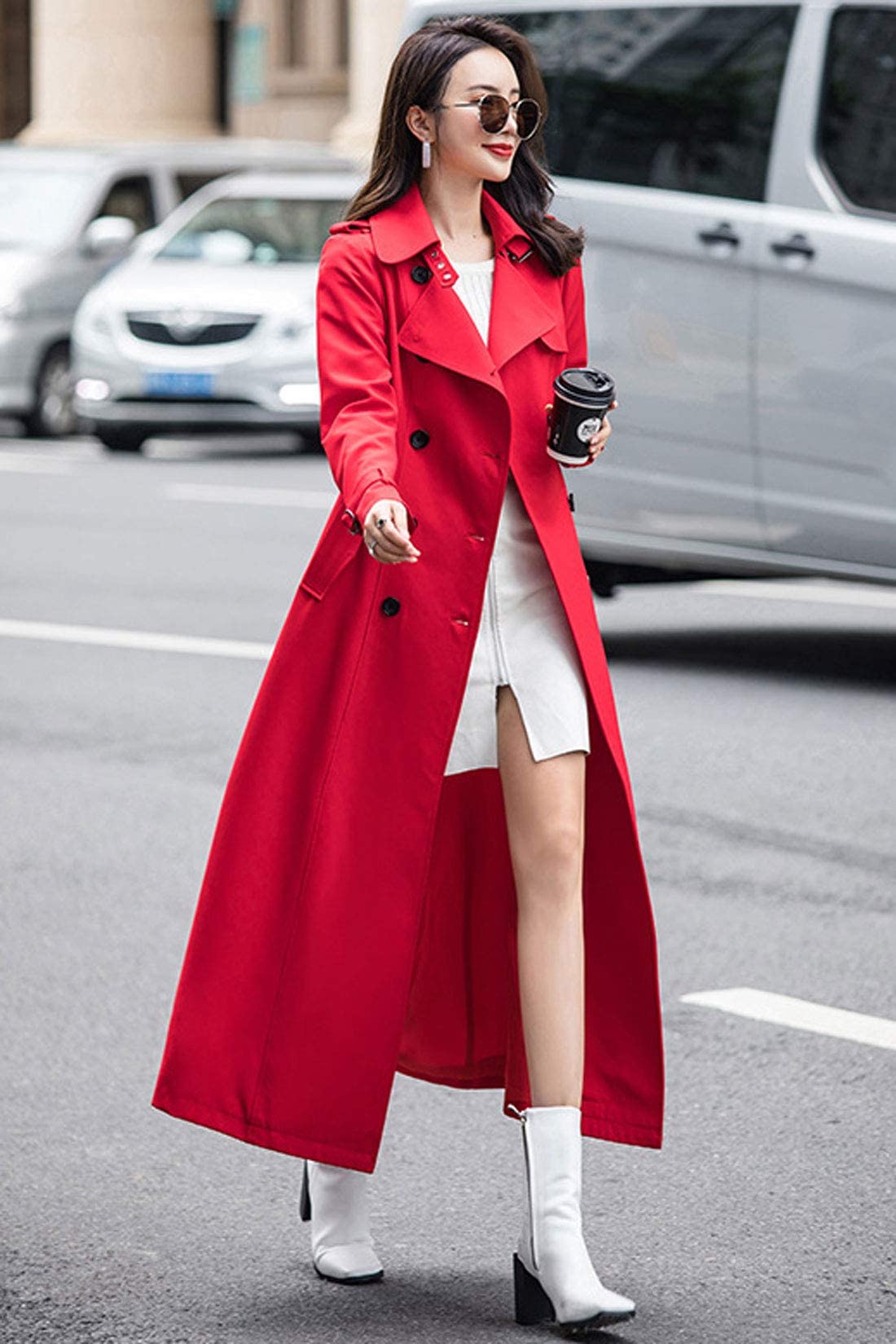 ebossy Women's Double Breasted Duster Trench Coat Slim Full Length Maxi Long Overcoat: Large Red