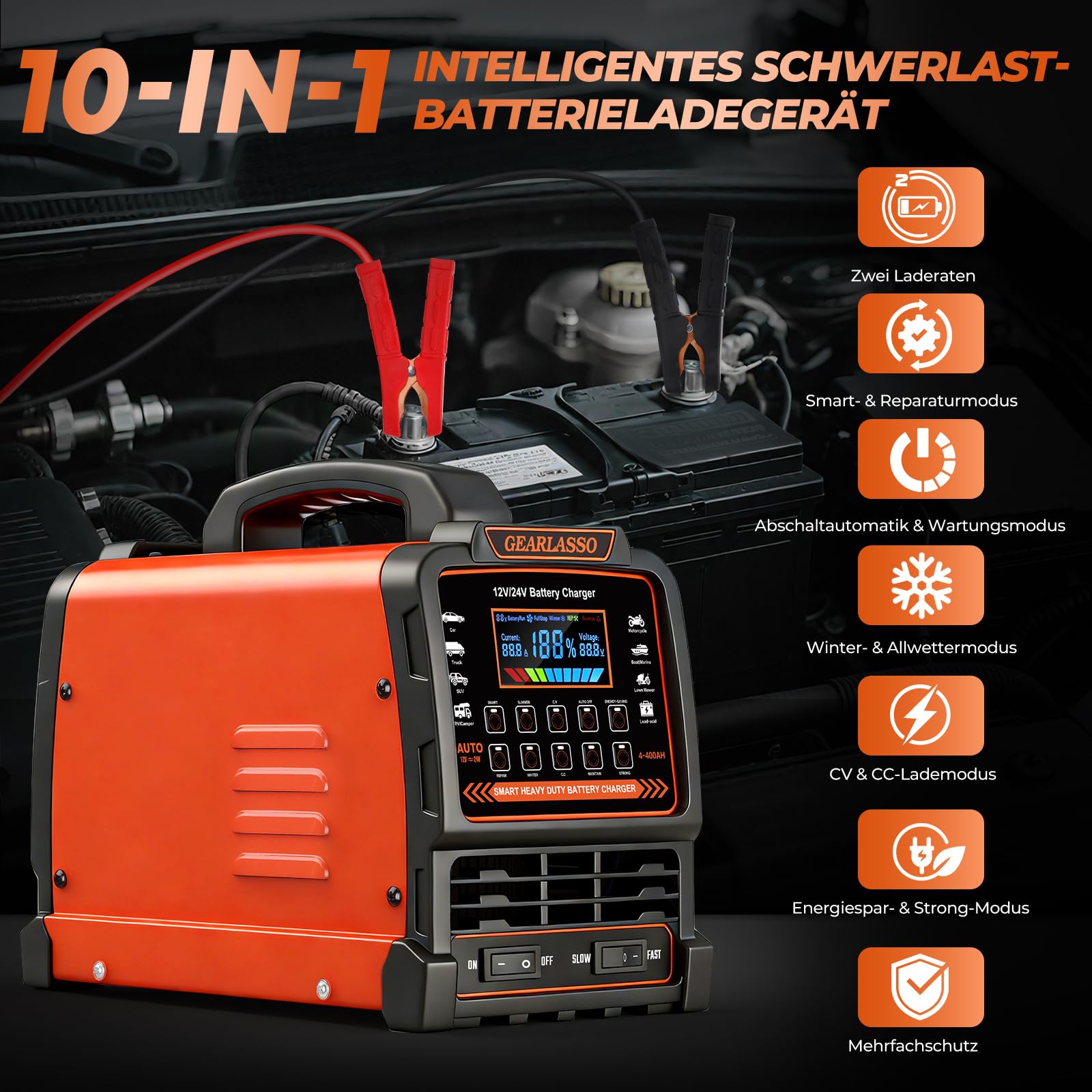 12V 24V Autobatterie Ladegerät, 0-15A Batterie-Erhaltungsgerät mit automatischer Abschaltung, 10 Lademodi inkl. CV/CC- & Strong-Modus, Smart Erhaltungs-Ladegerät für Auto, LKW, Motorrad, RV