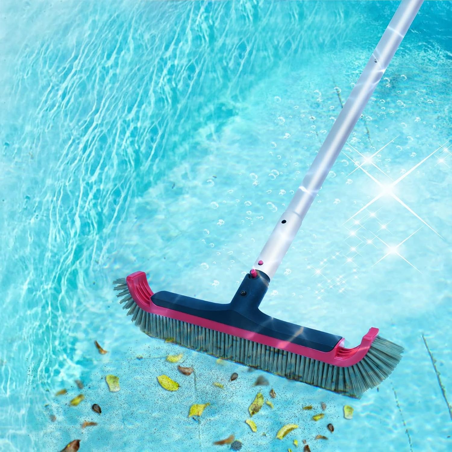Spazzola per piscina con asta, spazzola da parete per piscina da 44,5 cm con asta regolabile in alluminio da 3 m, setole in nylon, estremità curve, manico con clip EZ, spazzole per la pulizia di
