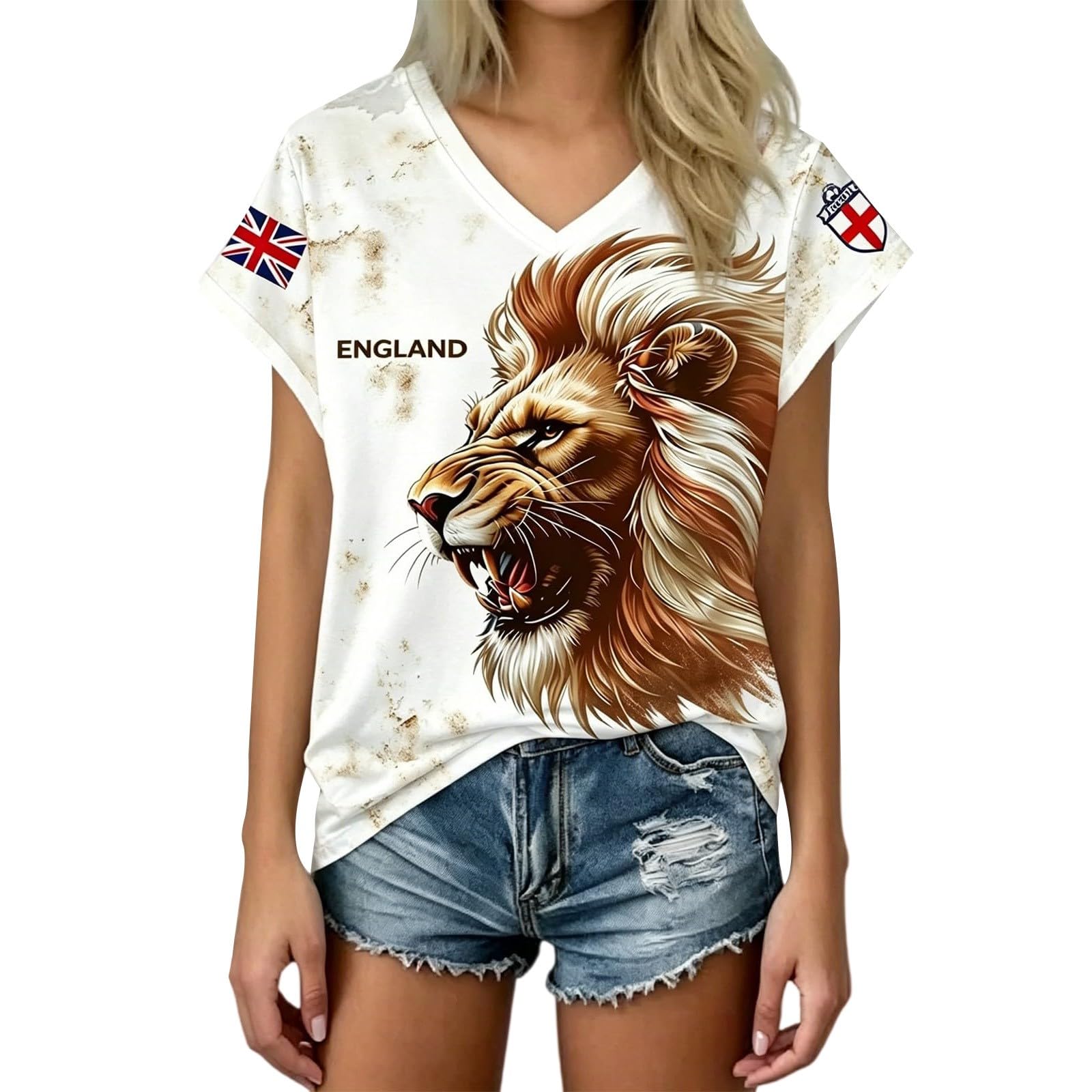 Retro England Football Shirt 2026 World Cup Jersey Tops for Women Ladies England T Shirt Womens Football Top V Neck Lightweight Breathable Classic Soccer T-Shirts Training for Summer Sport Fans Shirts