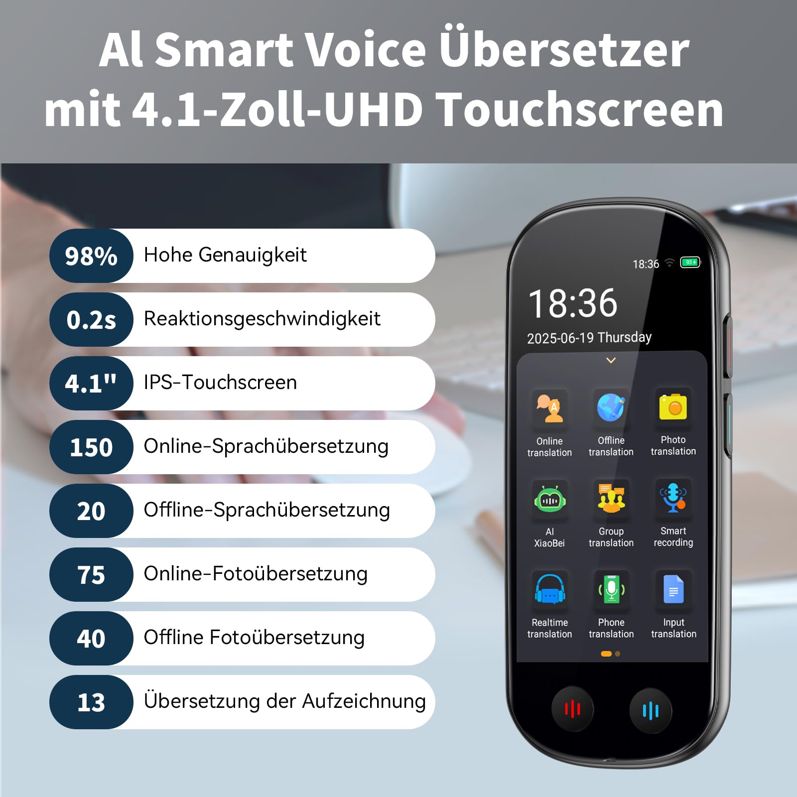 Dispositivo di Traduzione,Traduttore con Sintesi Vocale | Traduttore in Tempo Reale per 150 lingue e Accenti con Supporto WiFi/offline/Foto,ideale per Viaggi,Studio e Lavoro