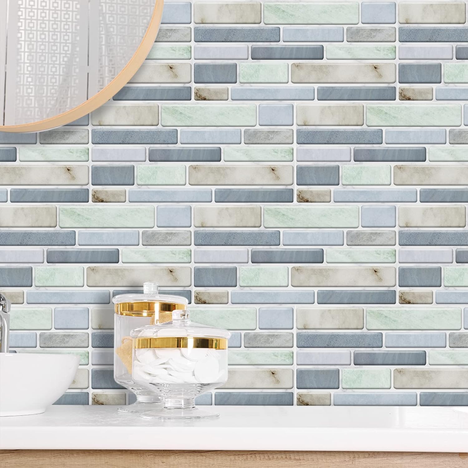 Papier peint auto-adhésif géométrique vert bleu carreaux adhésifs salle de bains