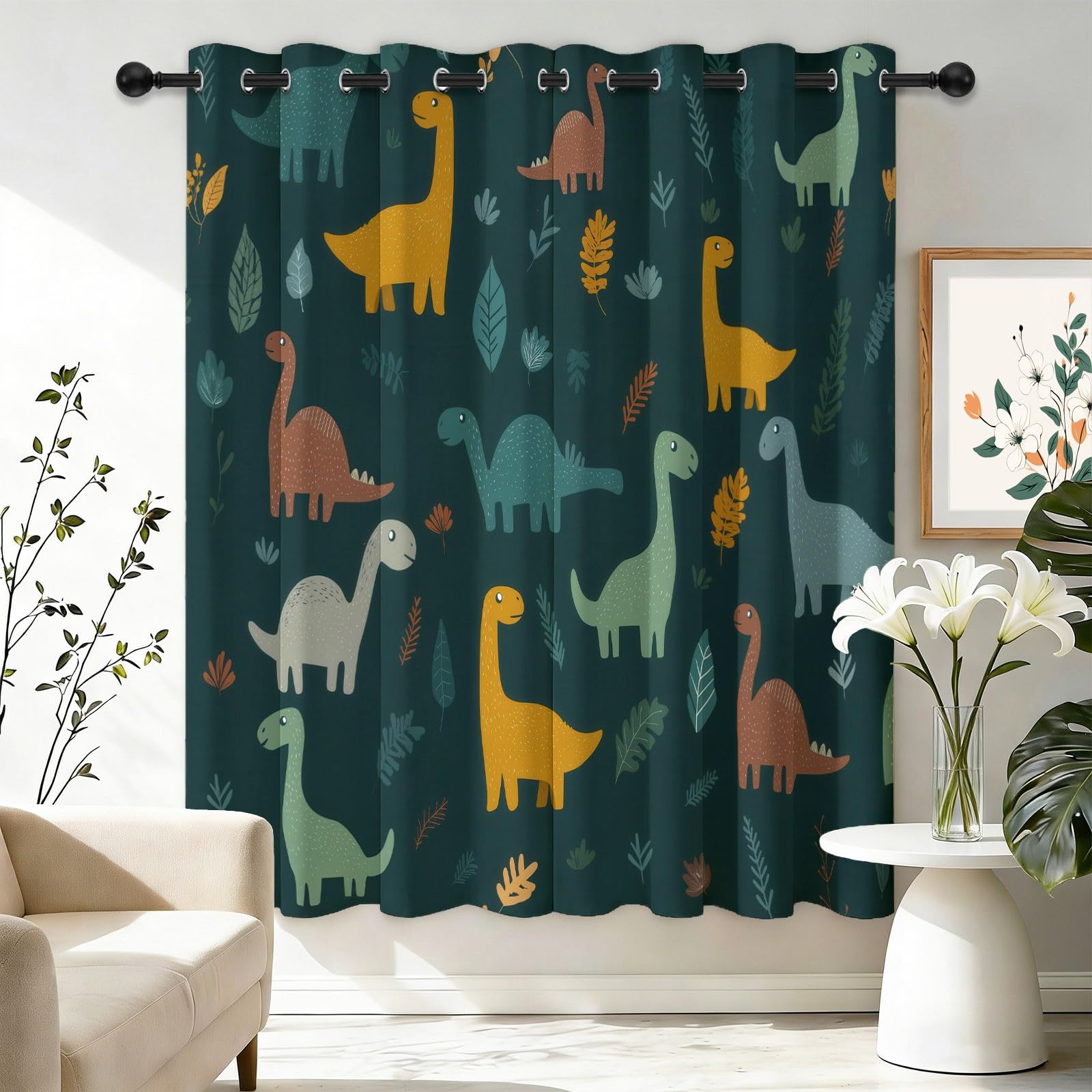 Générique Rideaux Occultant Isolant Thermique Anti Froid, Lot De 2 Rideaux 140L X 180H cm Protection UV Rideau Cyan Foncé Dessin Animé Enfantin Animaux Dinosaures pour Salon et Chambre