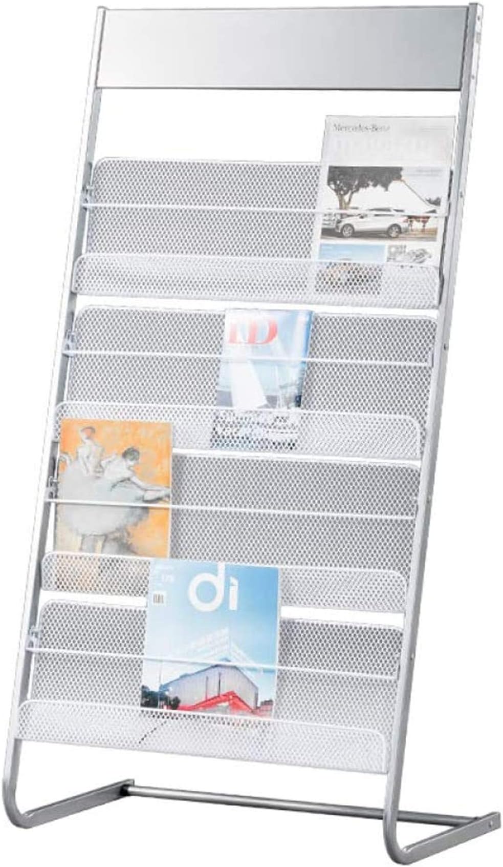 - GENMO Floor-Standing Magazine Rack, Carbon Iron Steel, Silver, 4 Large Shelves, Convenient Installation, Suitable for Reception Areas