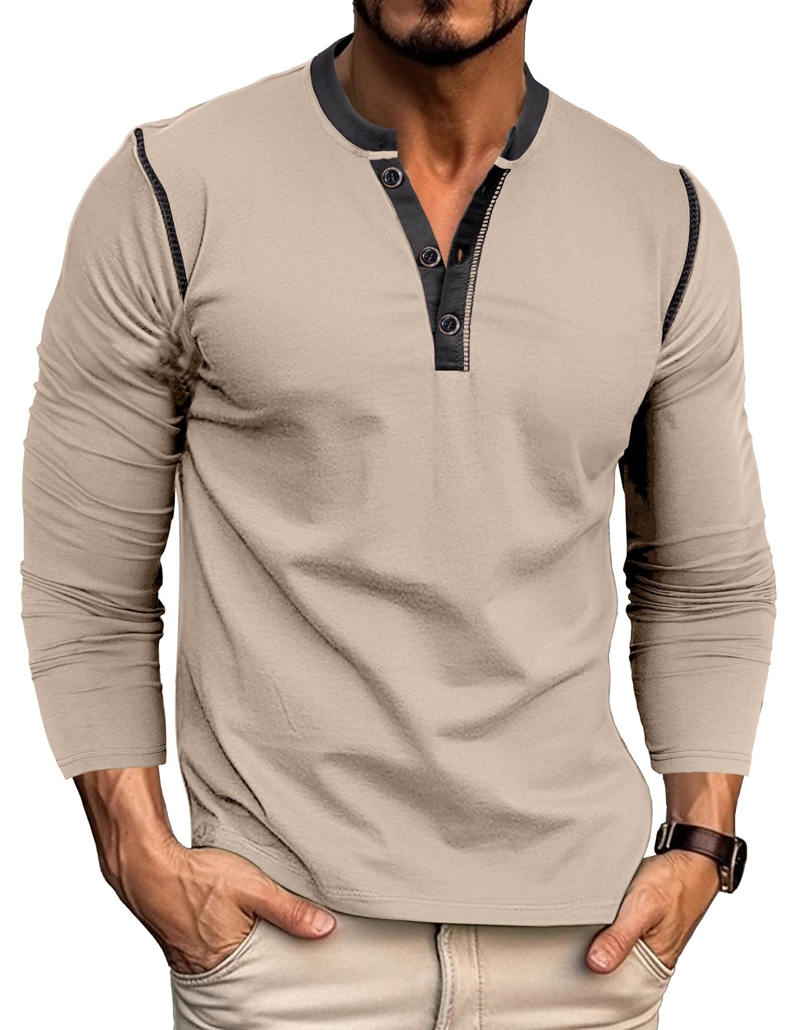 Henley Shirt Herren Langarm T-Shirt Langarmshirt Herren Baumwolle T Shirt Herren V Ausschnitt