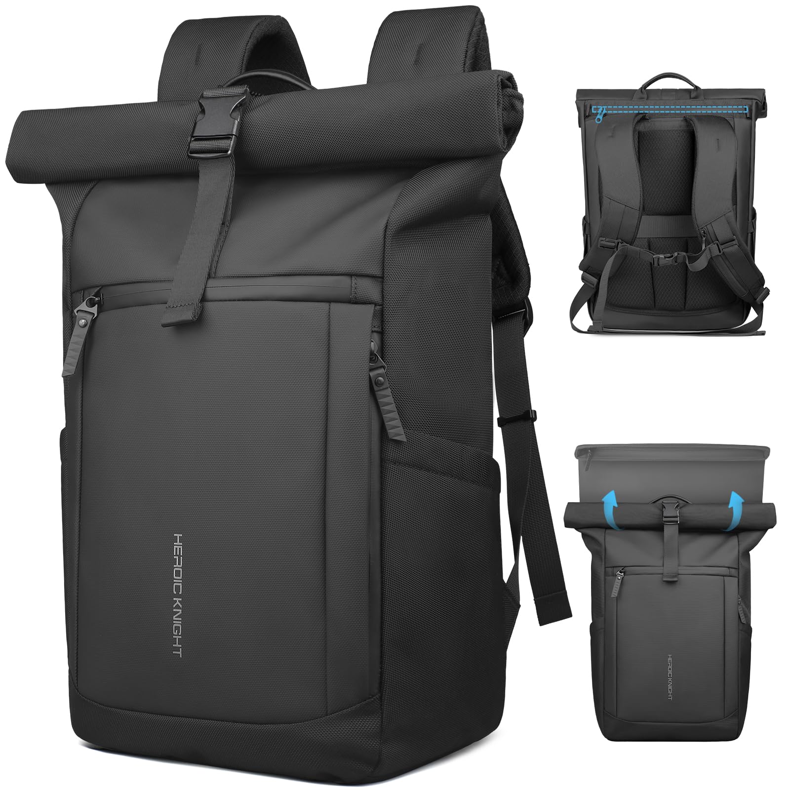 hk Zaino Roll Top Uomo Donna, Espandibile Zaino Porta PC 15,6 Pollici | Antipioggia e Antifurto per Tempo Libero, Ufficio, Università, Pendolari, Nero(20‑27 L)