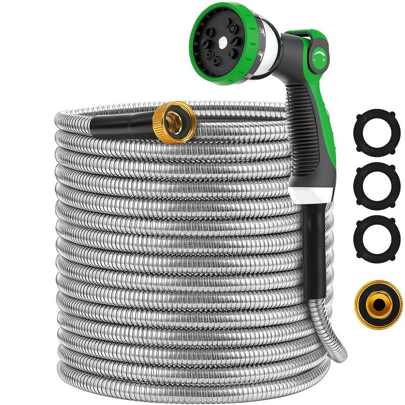 KSSKEN Metal Garden Hose - 50ft, Stainless Steel & Copper Fittings, 10 Function Nozzle, Flexible Non-Tangling Hose for Yard & Outdoor