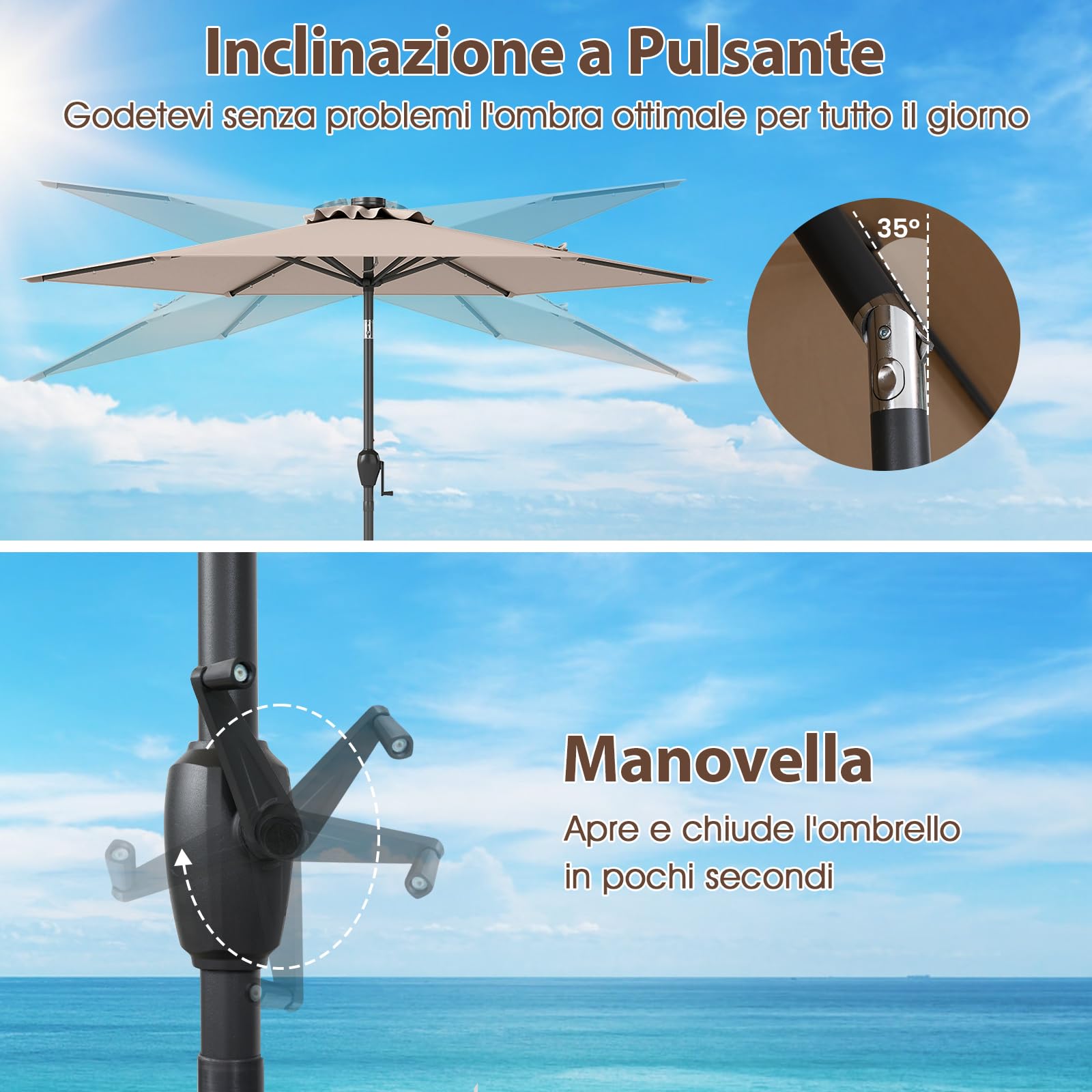 COSTWAY Ombrellone da Giardino 230 cm, Ombrello per Esterni con inclinazione Regolabile, 18 Luci LED, Manovella e Tettuccio Ventilato, Ombrello per Giardino, Cortile, Piscina (Marrone)