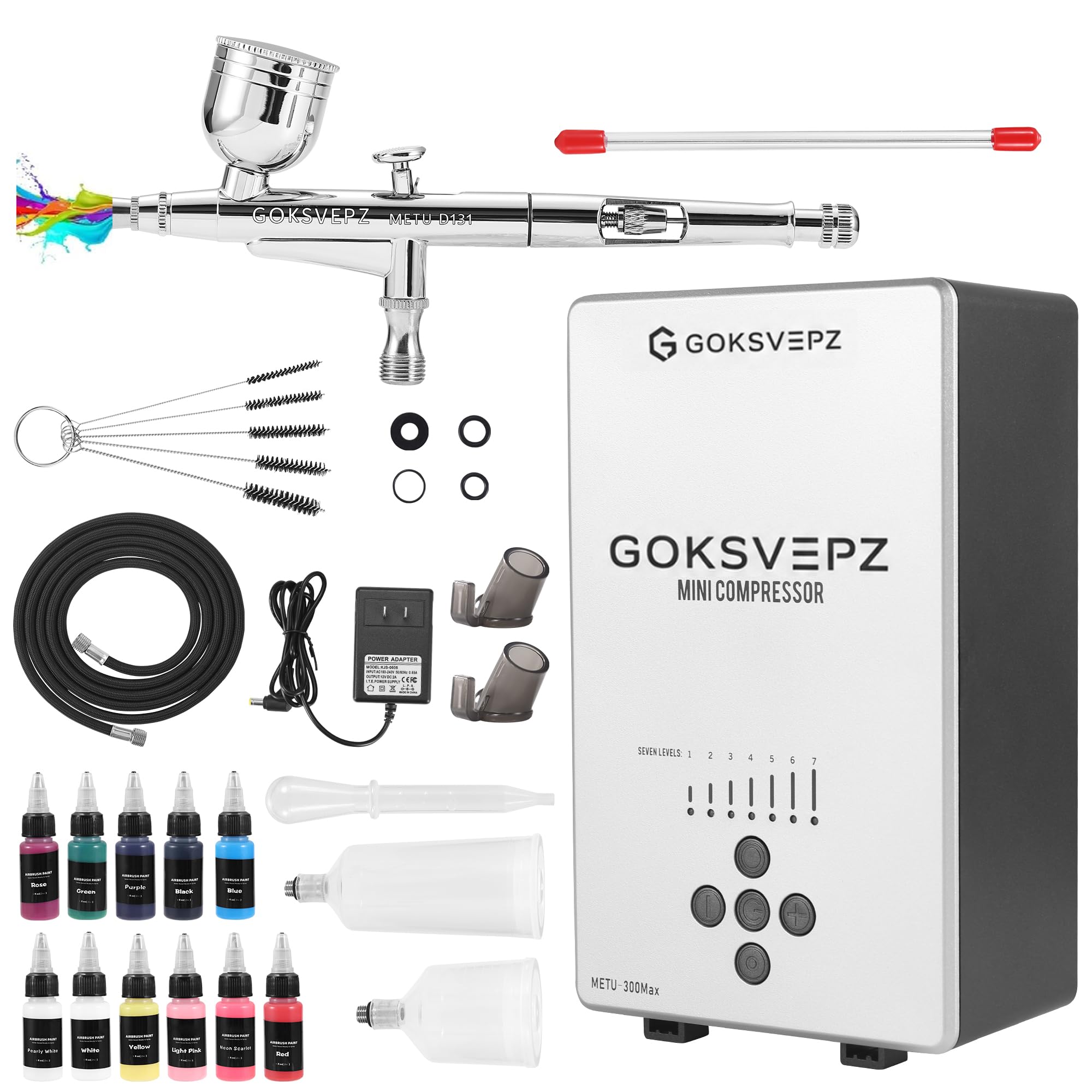 Goksvepz Airbrush Kit with Air Compressor, Portable 27PSI 7 Pressure Levels with 11 Paint 35dB Ultra-Quiet Dual-Action 0.35mm Airbrush Spray Gun for Beginners,Painting,Models,Nail,Makeup &amp; Cake Decor