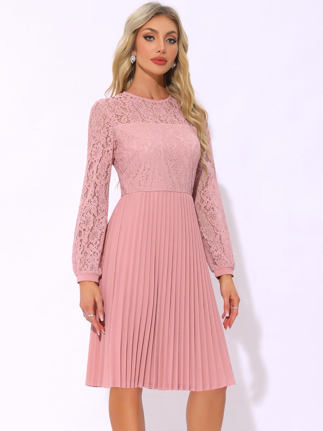 Allegra K Women's Pleated Dress Casual Long Sleeves Belted Wedding Guest Floral Lace Dress - Image 2