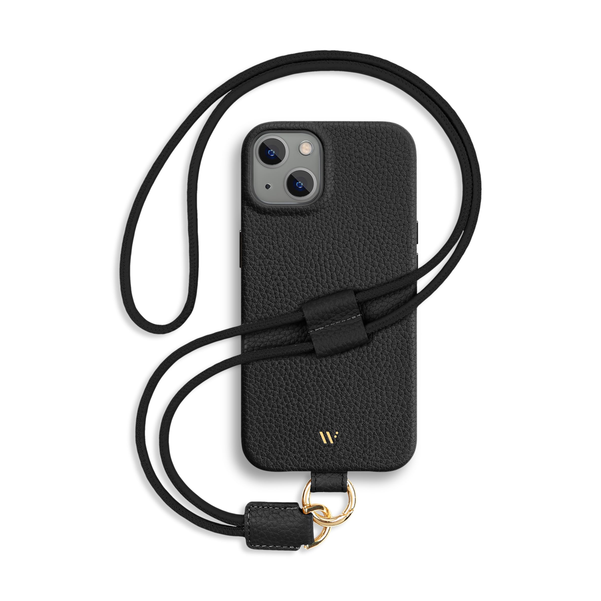 WIIUKA Hülle für iPhone 15, Leder aus Deutschland, Lederhülle Handykette, Premium Handyhülle, Case, Kette Band Umhängen, Schwarz