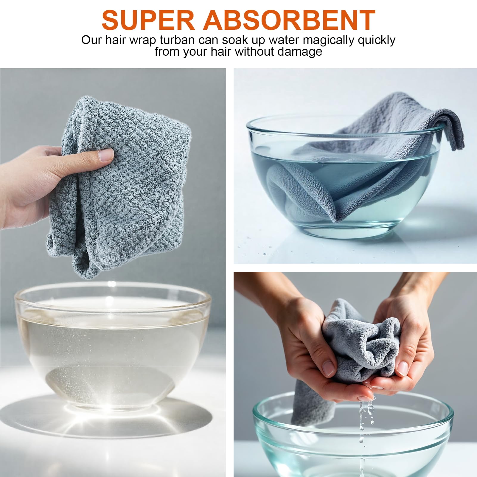 2 asciugamani in microfibra per capelli lunghi e ricci, turbante per capelli, asciugamano turbante con bottoni per asciugatura rapida, super assorbente, anti-crespe, asciugamano da donna, grigio