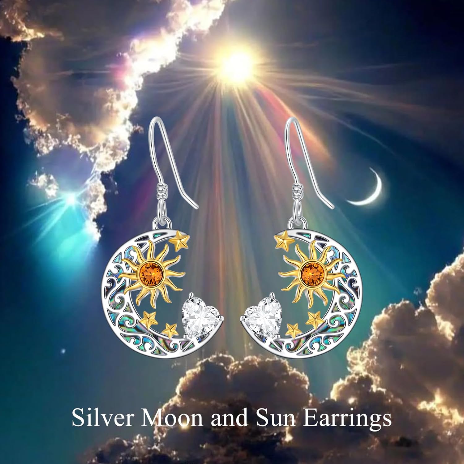 AOBOCO Heart Birthstone Earrings Sterling Silver Sun and Moon Dangle Drop Earrings for Women Mom - Image 6