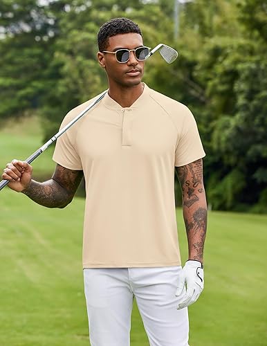 Vista 3 de COOFANDY Polo de golf de secado rápido para hombre, camiseta Henley de manga corta, atlética, deportiva, sin cuello, camisetas deportivas