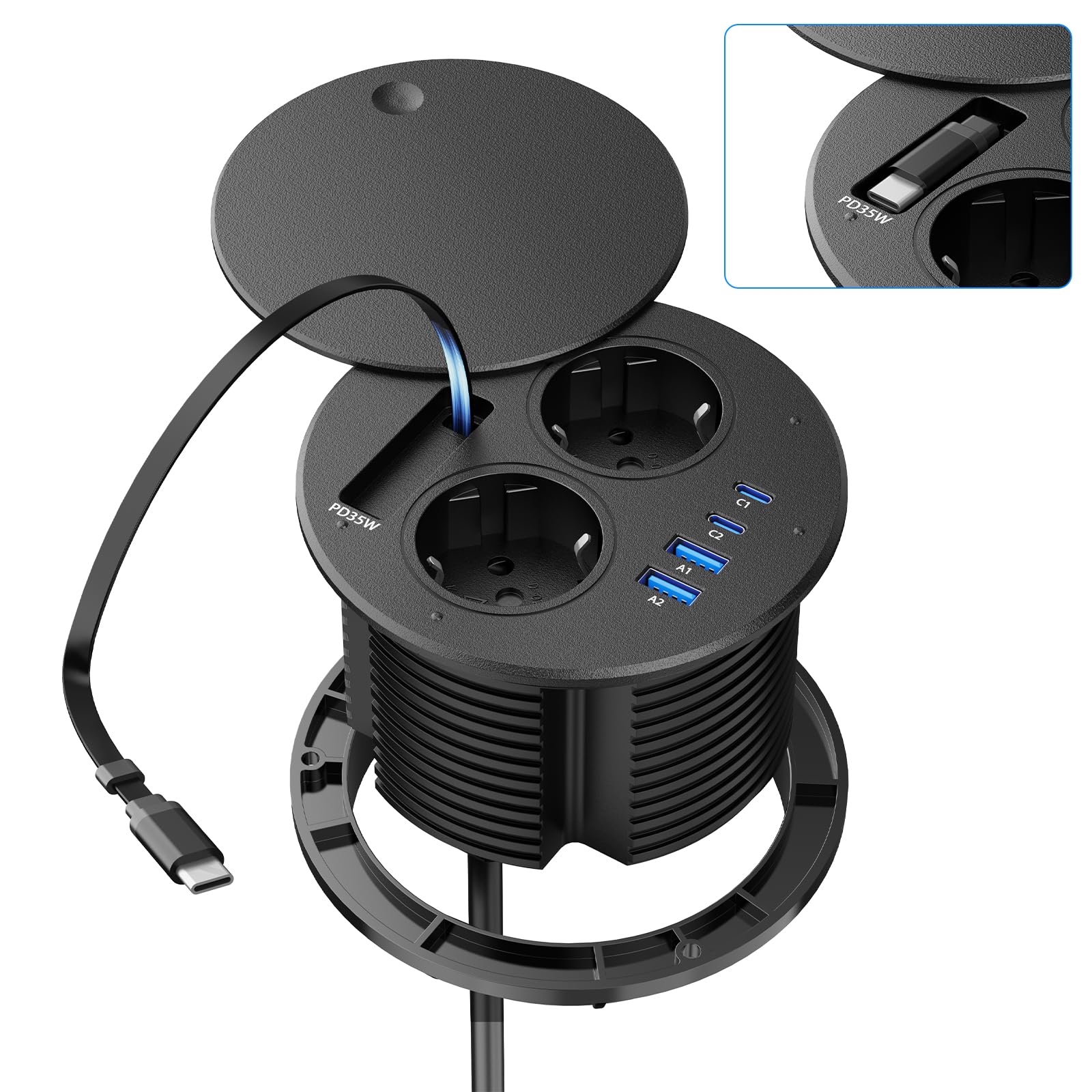 Toma empotrable encimera con USB C PD 35 W, multitoma empotrable de escritorio con tapa, bloque de enchufe escalable con cable de 1,8 m para cocina, oficina muebles