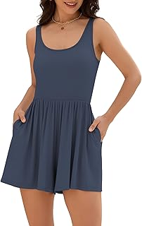 Womens Rompers Summer Sleeveless Tank Tops One Piece Playsuits Short Flowy Beach Jumpsuit with Pockets