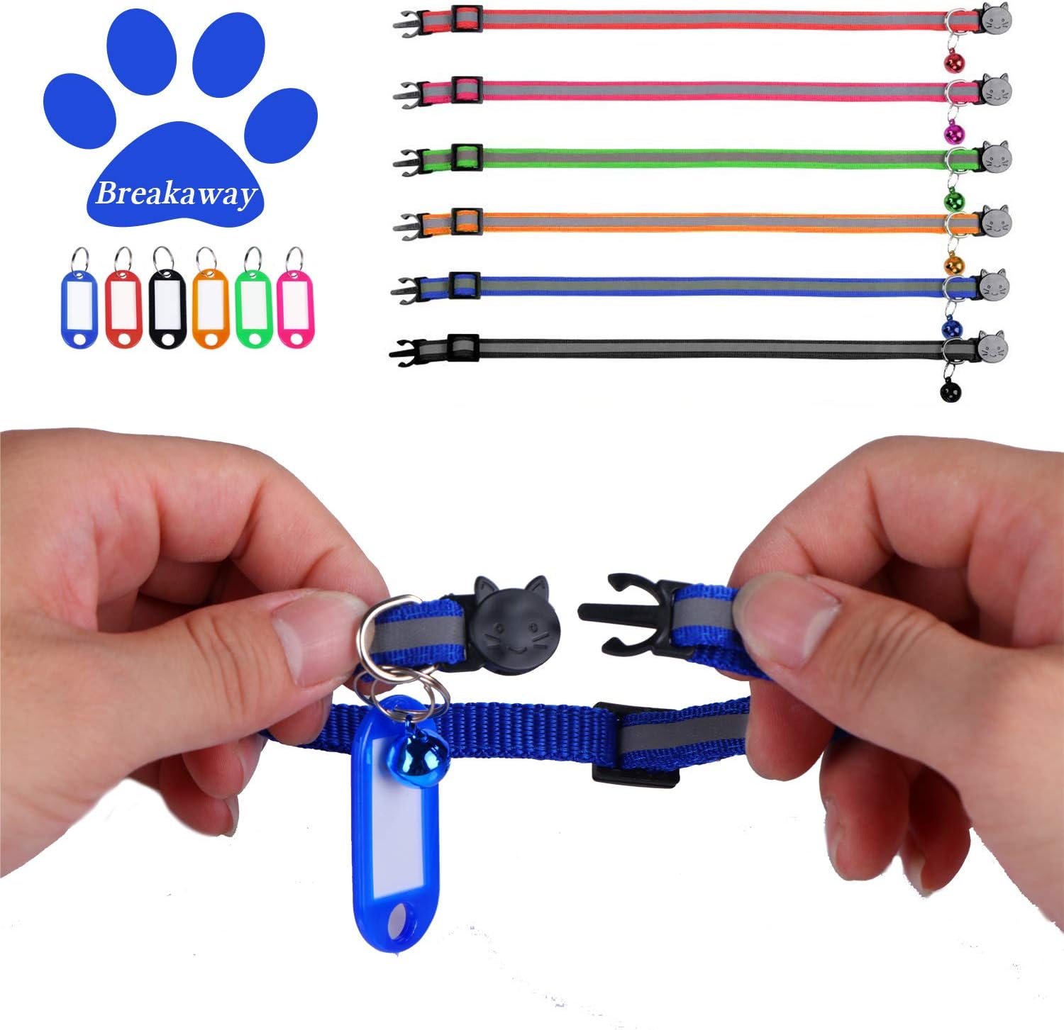 STMK 6 Pack Reflective Breakaway Cat Collar with Bell ID Tag, Adjustable Cat Collar with Bell Weatherproof ID Tag, Ideal Size Safe Durable Cat Collar Pet Collars for Cats Kittens