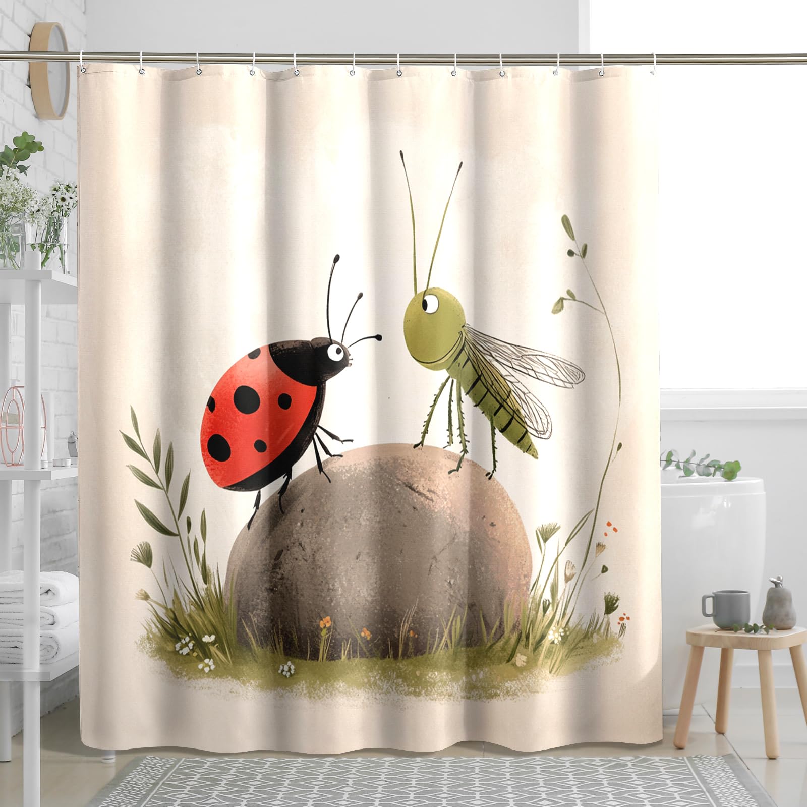 DESIHOM Cartoon Kids Ladybug Shower Curtain Set 72 Inch, Anime Fun Insect Bathroom Decor, Cool Boy Teen Printed Fabric Bath Accessories