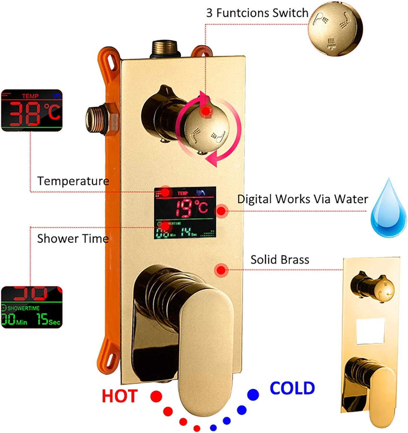 with Digital Display,Gold Rain Mixer Shower Combo Set Ceiling Mounted Bathroom Shower Faucet Set with Led Shower Head,Handheld Shower,Body Jets,8 Inches