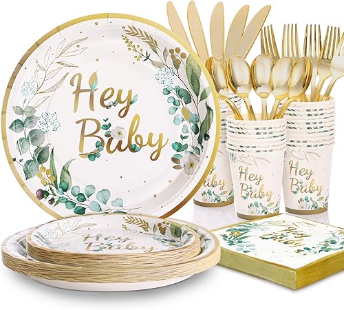 168 piezas de decoración verde salvia para baby shower, juegos de platos y servilletas de fiesta Hey Baby, platos de papel de hojas verdes para