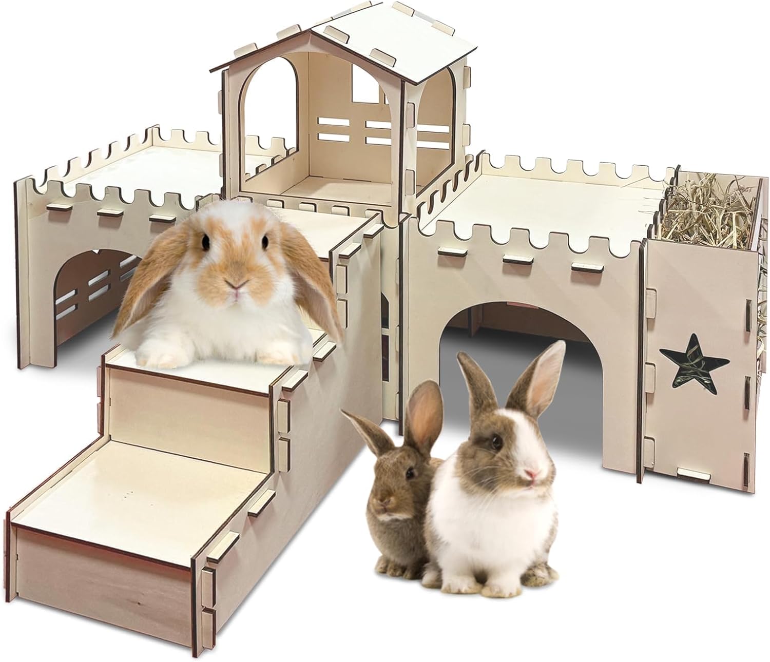 PINVNBY Extra Large Bunny Castle Hideout with Hay Feeder, Wooden Rabbit House Hide Climbing Detachable Indoor Wood Hideaway Castle Tower Tunnel for Rabbit Guinea Pig Hamster Chinchilla Ferret