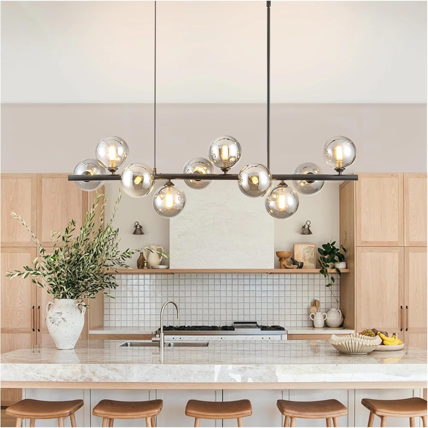 Matte Black Adjustable Chandelier with Smoked Glass Globe Shades Mid-Century Modern Style Pendant Light,for Decoration
