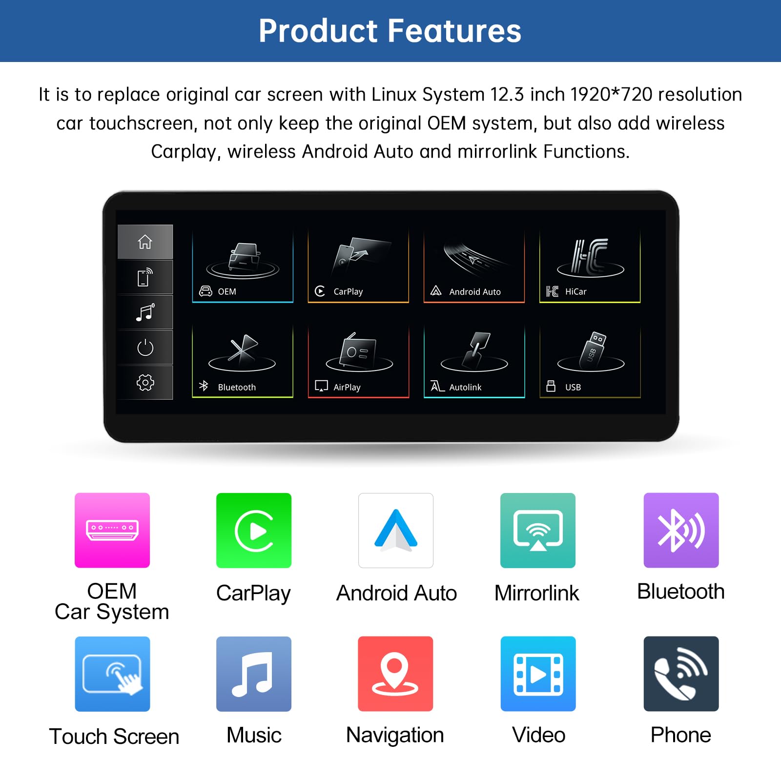 Road Top 12.3 Pulgadas de Radio de Coche inalámbrico CarPlay Pantalla táctil para Audi Q5 2009-2017 Año con 3GMMI, Radio de Coche estéreo Multimedia Pantalla, Soporte Android Auto,Mirrorlink