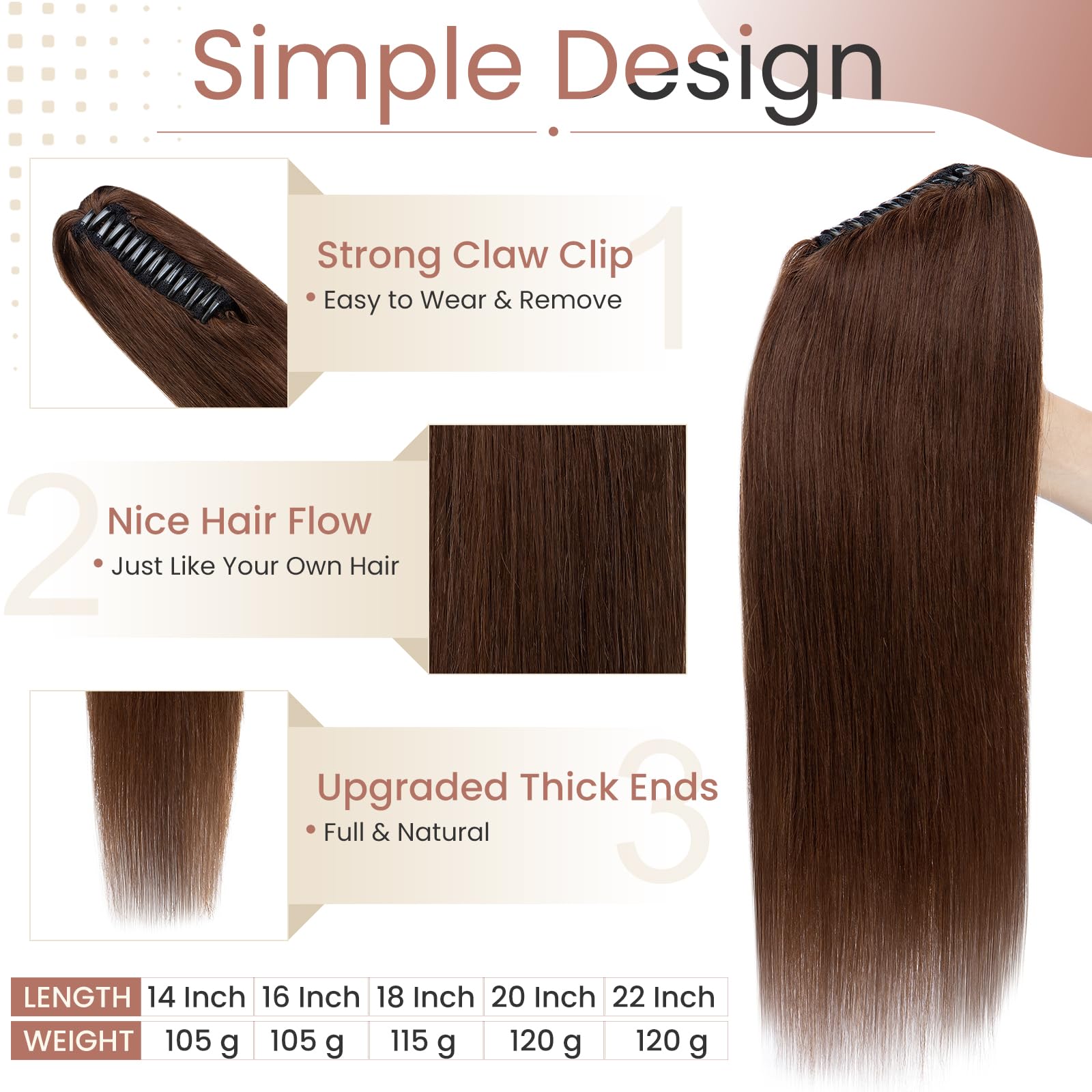 Elailite Claw Clip Ponytail Extension Real Human Hair #4 Medium Brown Natural HairPiece Straight - 14 Inch - Image 4