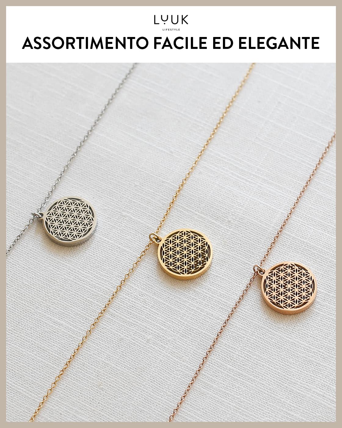 LUUK LIFESTYLE Collane con diverso Ciondolo (50 cm) in Acciaio Inossidabile e cartolina HAPPINESS, Regali per Lei, Donna, Ragazza, Moglie, Mamma, Amica, Gioielli, Argento, Oro e Oro rosa