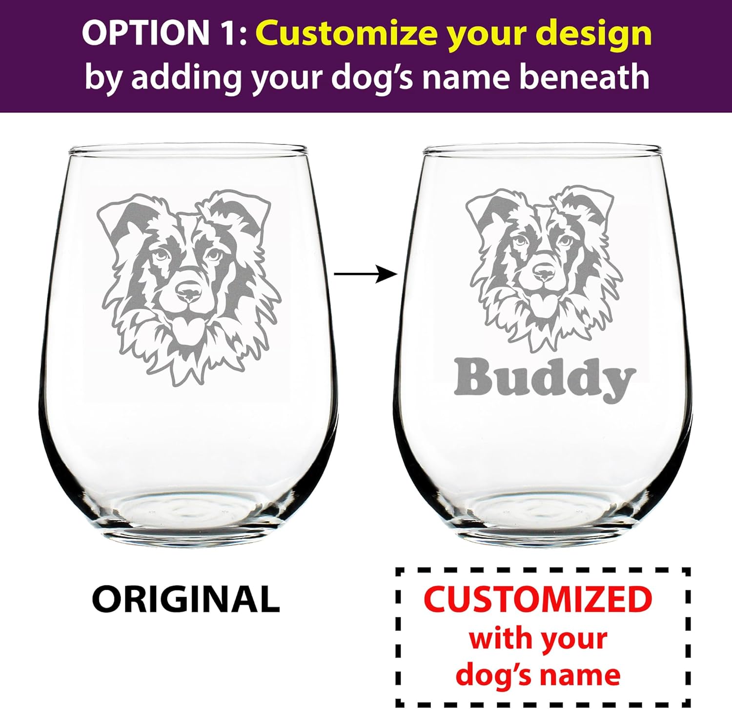 Custom Border Collie Stemless Wine Glass - Cute Dog Themed Decor and Gifts for Moms & Dads of Border Collies - Large 17 Oz - Customized Glasses