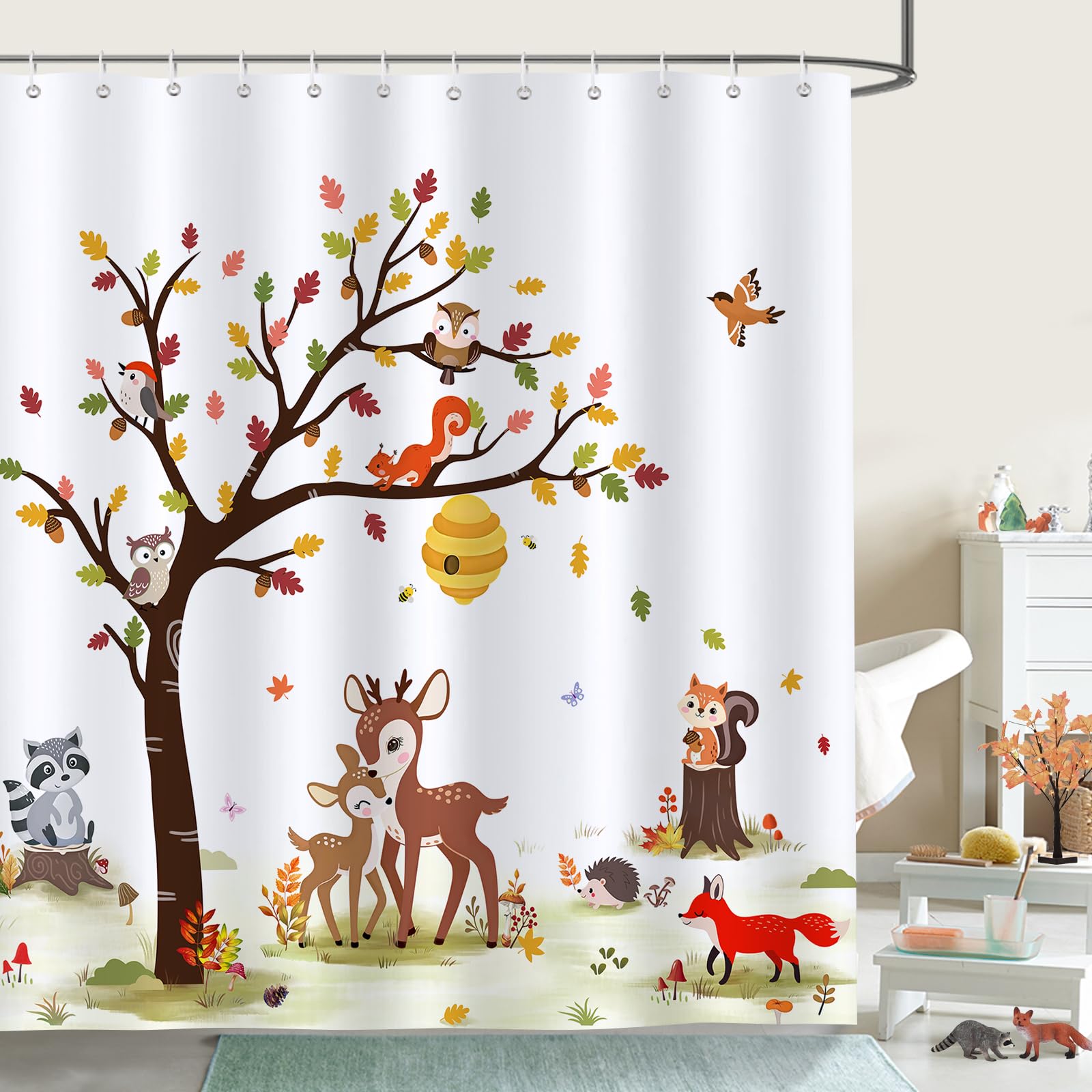Bonhause Autumn Forest Animals Shower Curtain Fall Tree Deer Fox Bathroom Curtain 180 x 180 cm Waterproof Mildew & Mould Resistant Polyester Fabric Bath Curtain with 12 Hooks