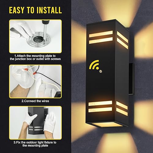 Miniatura 14 de Paquete de 2 lámparas de pared modernas para exteriores, del atardecer al amanecer, impermeables, color negro mate, luces LED de 2700 K