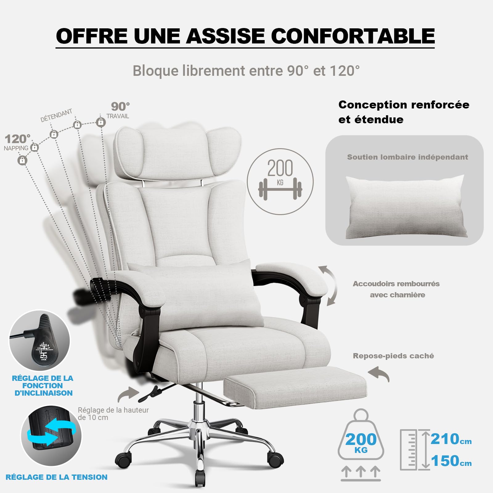 BASETBL Chaise De Bureau Ergonomique Avec Support Lombaire Et Appui