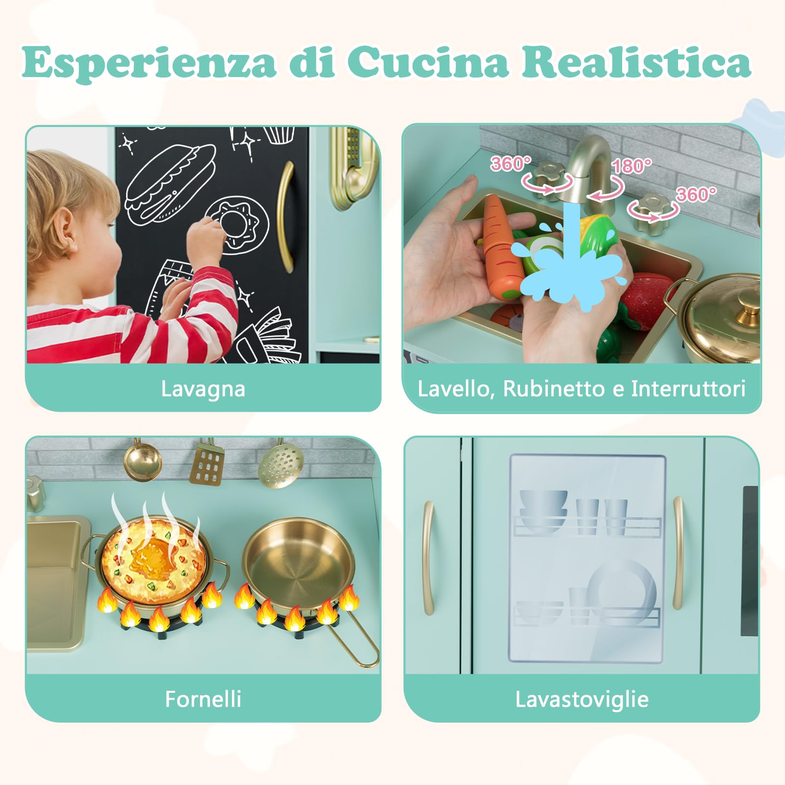 RELAX4LIFE Cucina Giocattolo per Bambini, Gioco Cucina in Legno con Frigo con Lavagna, Microonde, Forno, Macchina per il Ghiaccio, Mini Cucina per Bambini 3-6 Anni (Verde, 82 x 24 x 80 cm)