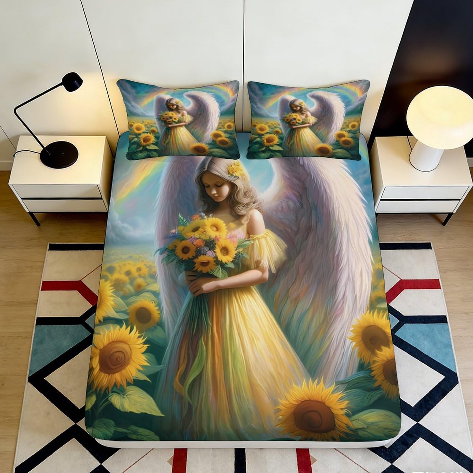 3D Printed Angel Sunflower Fitted Sheet Microfiber Soft Bed Sheet for Bedroom Dorm Guest Room Mattress Decor 90x200x25cm