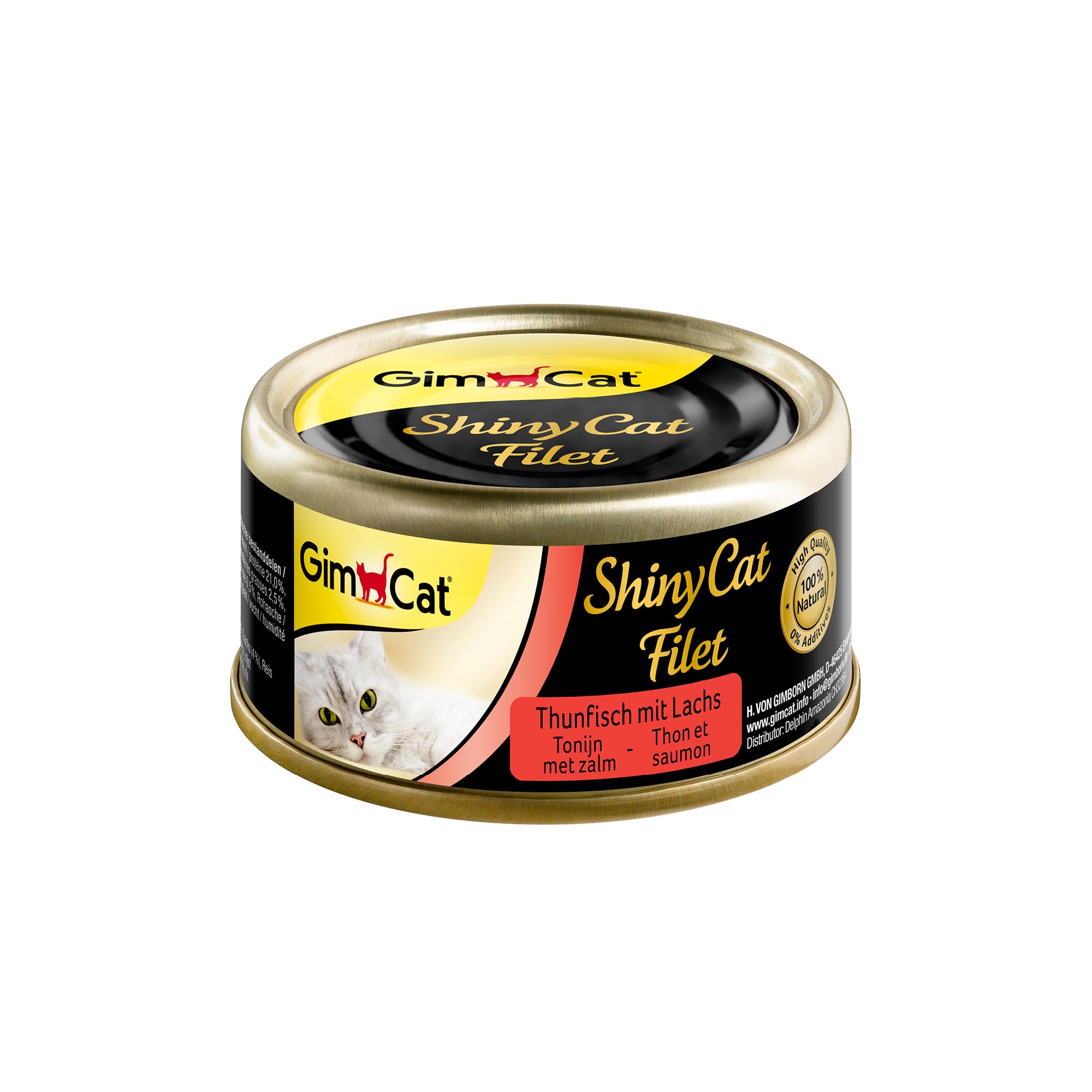 GimCat ShinyCat Filet atún con salmón - Comida para gatos con jugoso filete y sin azúcar añadido, para gatos adultos - 24 latas (24 x 70 g)