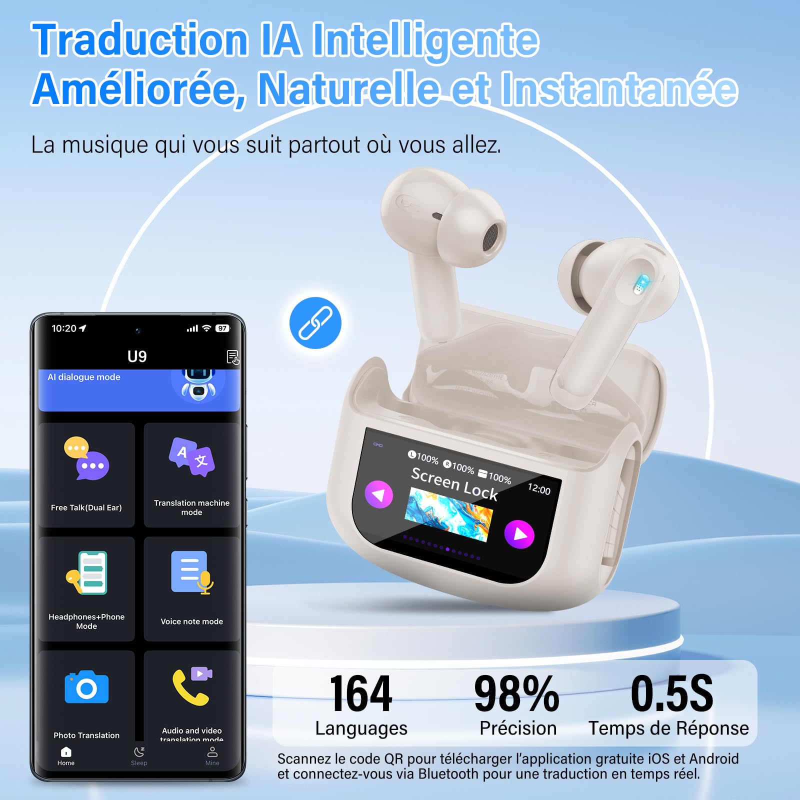 AI Écouteur Traducteur Instantané 164 Langues, ANC/ENC Réduction du Bruit