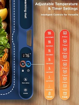 FZF Warming Mat for Food Extra Large, 40x15 Food Warmers for Parties Buffet, with 7 Temp Level and 9 Timer Setting, Rollable Silicone Electric Warming Tray for Home, Gatherings (Blue)