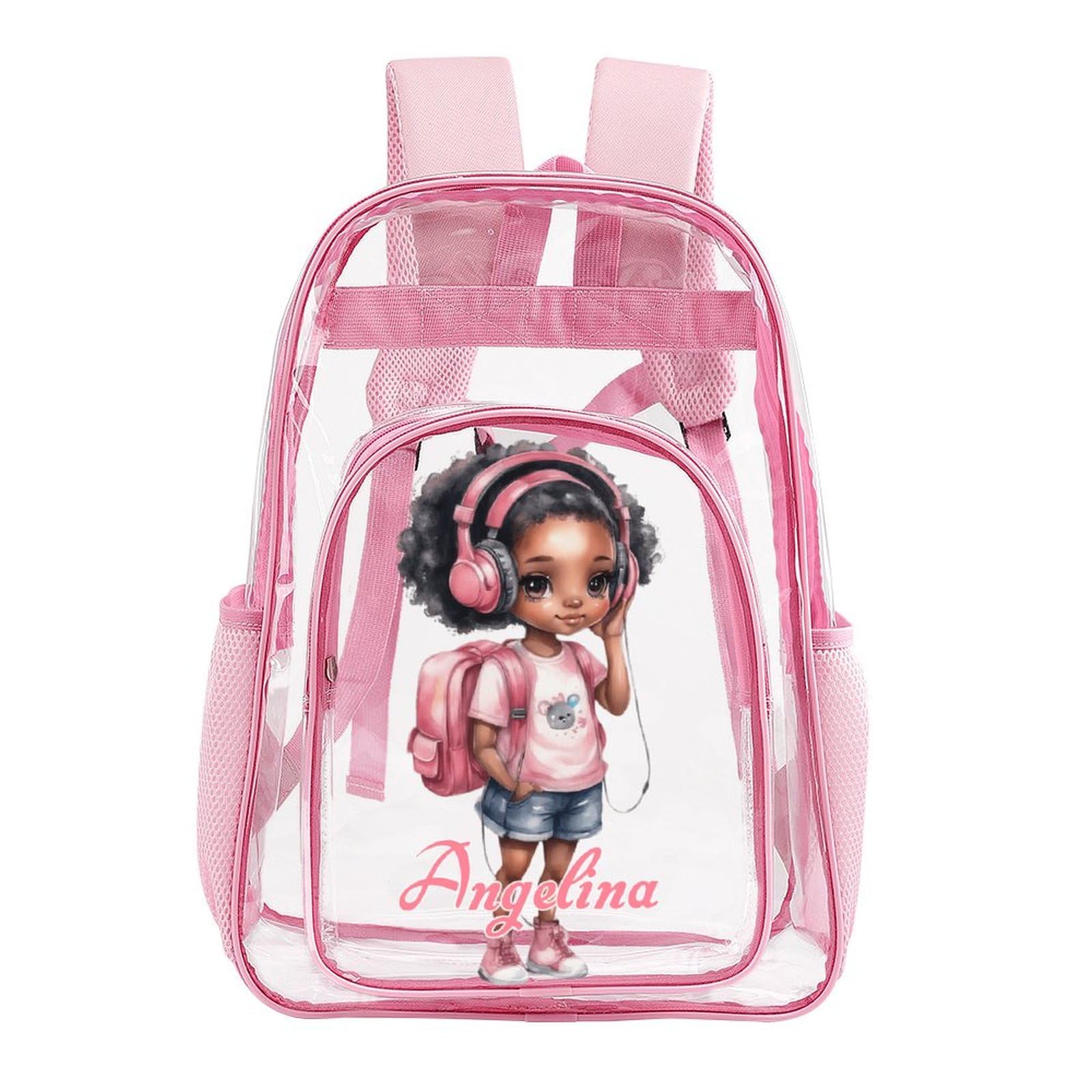 SHYESOP-ey Personalized African Music Girl Clear Backpack PVC See Through Transparent Backpack for Girls Women with Name Reinforced Strap & Large