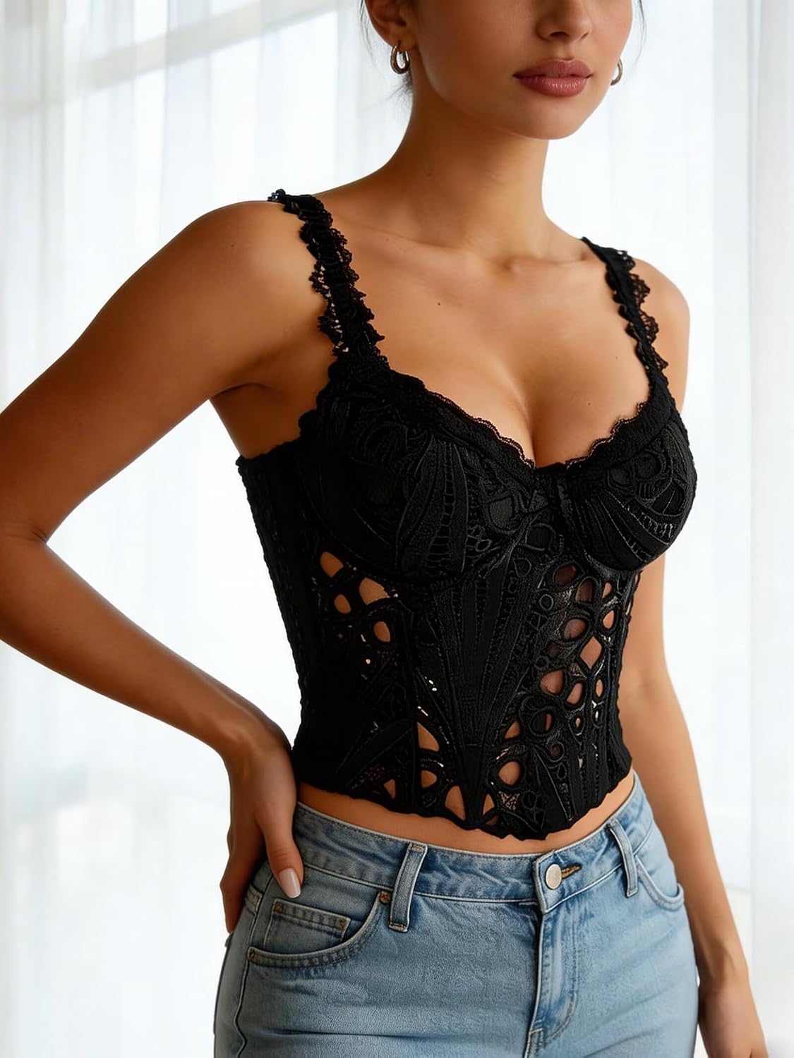 Floral Lace-Up Corset Top for Women Sheer Bustier Crop Top | Floral embroidered sheer bustier with lace-up back & steel boning. Lightweight, breathable. For parties, clubs. Hand wash.