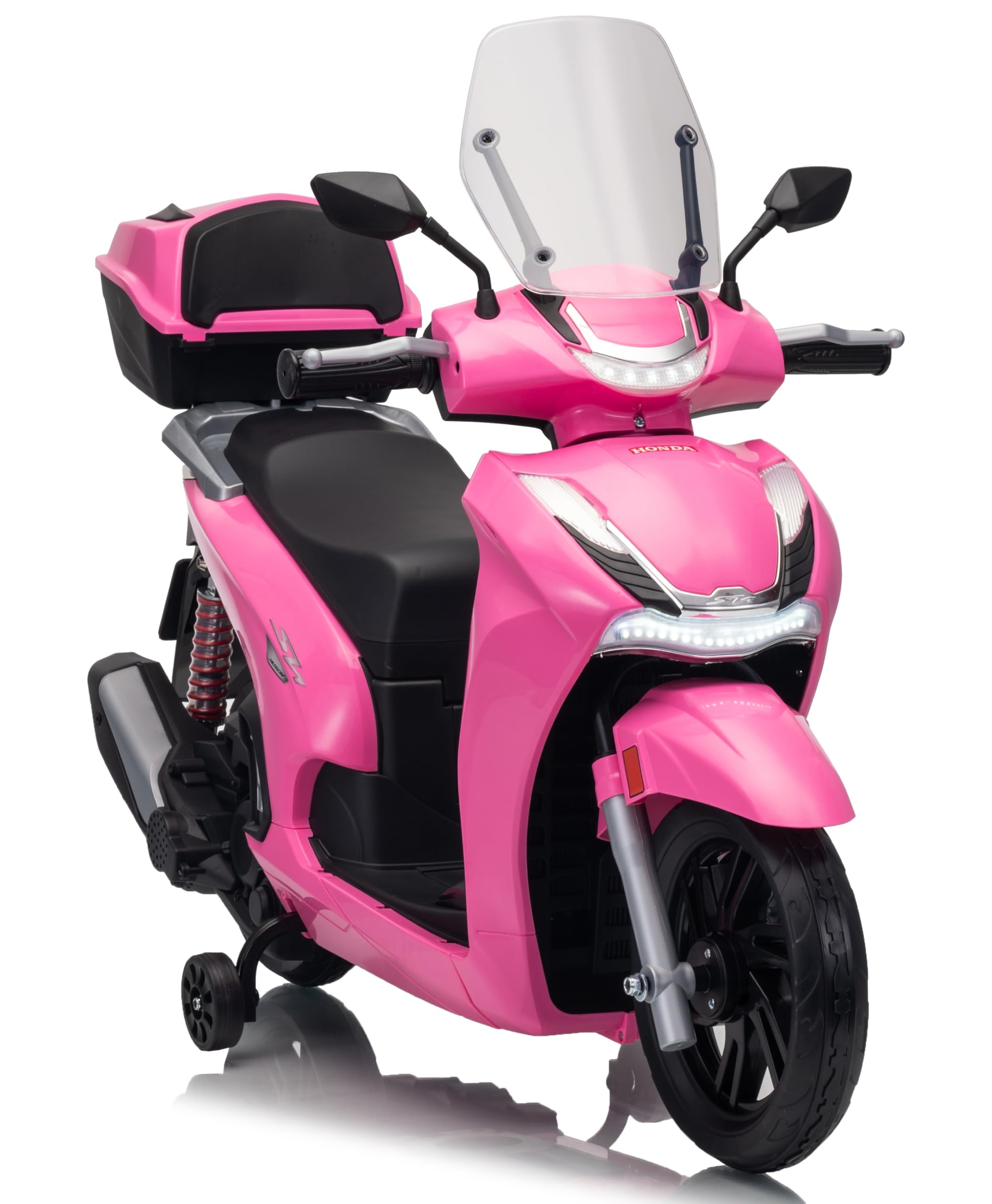Honda SH 350 12V Moto Elettrica per Bambini con Licenza Ufficiale, Scooter Elettrico con Ruote in Gomma, Sedile in Pelle, Bauletto, Rotelle Stabilizzatrici, Luci LED e Suoni, MP3 Rosa
