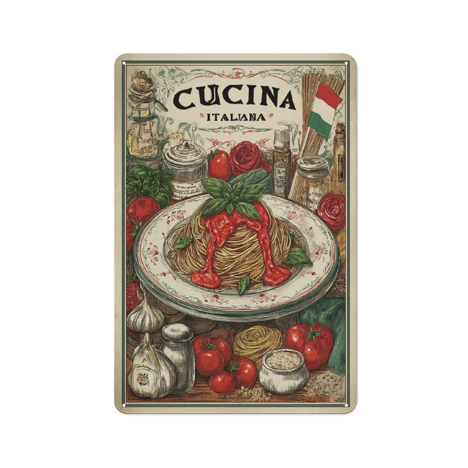 Junmoney Spaghetti Italiano Rustic Metal Wall Sign 30X20cm For Home Office Or Studio, For Garage, Workshop And Man Cave Decoration